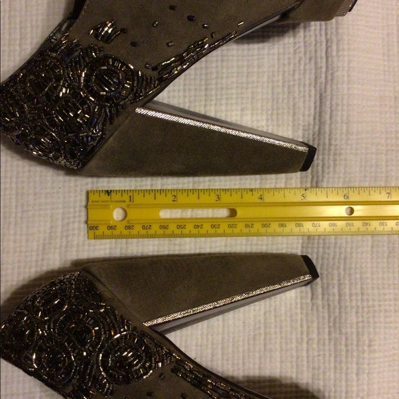 Taupe suede high heel booties w/ beading - Picture 2 of 8